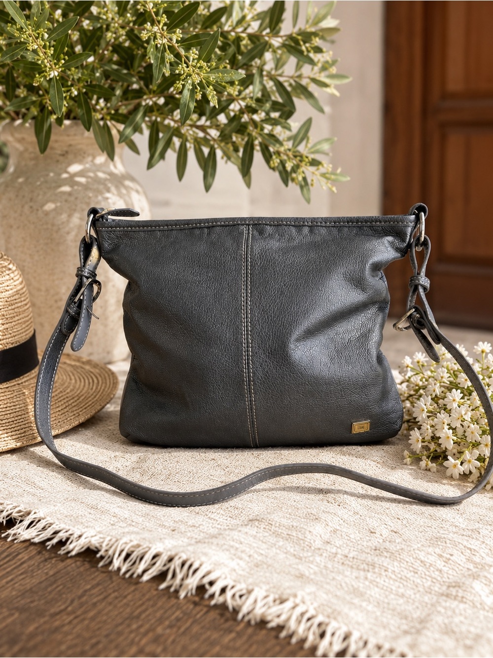 100% Leather The Sak Gray Leather Crossbody Shoulder Bag Pebbled Leather